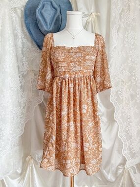 Cottagecore Brown Floral Babydoll Dress Prairie Milkmaid Midi